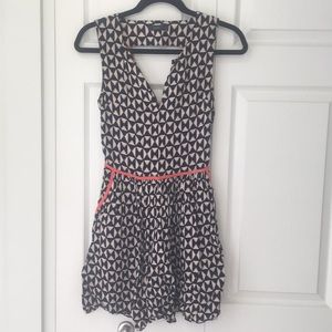 Patterned Blue and Tan Dress with Orange Piping